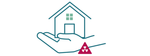 Icon Strahlenschutz zu Hause Icon mit einem Haus auf einer Hand. Darunter ist ein rotes Dreieck mit drei weißen Punkten dargestellt.