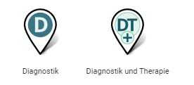Leben mit Prostatakrebs: Zwei Symbole in Form von Pinnnadeln. Das Symbol D steht für Diagnostik, das Symbol D+T für Diagnostik und Therapie