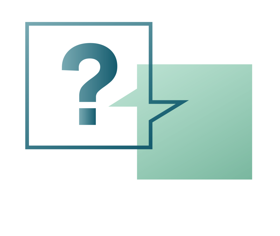 Abgebildet sind zwei Sprechblasen und ein Fragezeichen. Abgebildet sind zwei Sprechblasen und ein Fragezeichen.