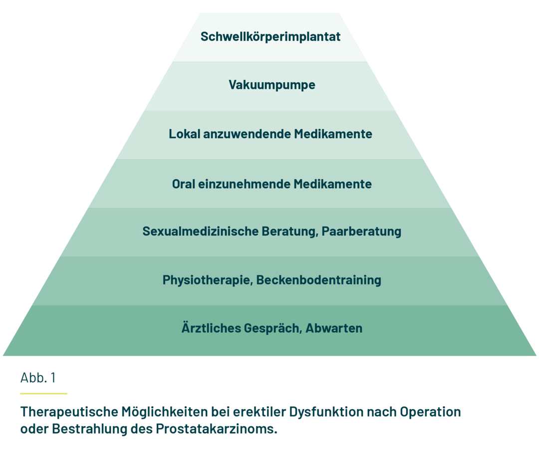 Leben mit Prostatakrebs: Die therapeutischen Möglichkeiten sind pyramidenhaft dargestellt. Die therapeutischen Möglichkeiten sind pyramidenhaft dargestellt. Es beginnt mit „Ärztliches Gespräch, Abwarten“ und geht weiter mit „Physiotherapie, Beckenbodentraining“, „sexualmedizinische Beratung, Paarberatung“, „oral einzunehmende Medikamente“, „lokal anzuwendende Medikamente“ und „Vakuumpumpe“. An der Spitze der Pyramide steht das „Schwellkörperimplantat“.